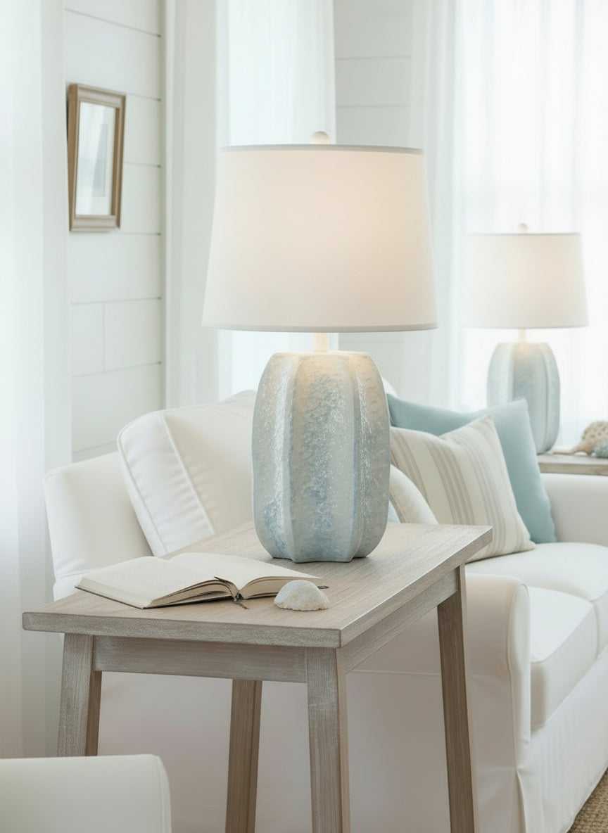 Nude/Atlantic Grey Textured Sculpture Table Lamp - Coast Lamp Shop