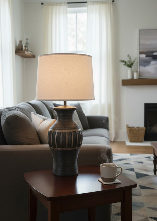 Black/Camel Ribbed Geometric Table Lamp