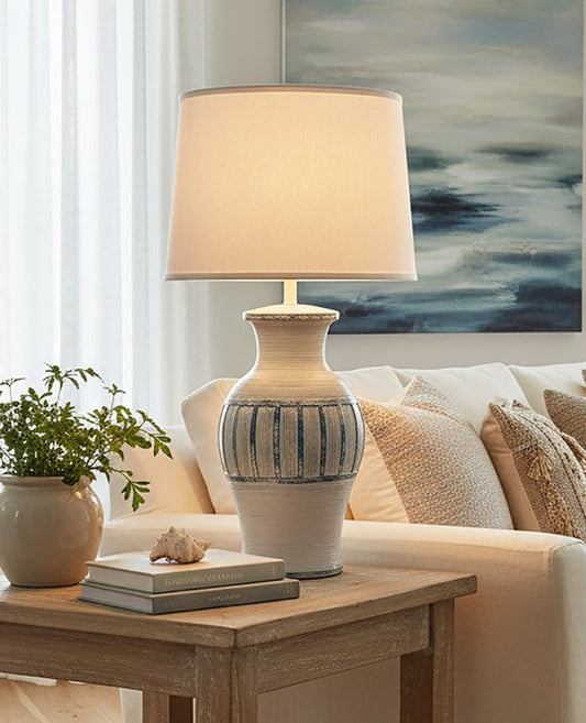 Nude/Slate Ribbed Geometric Table Lamp