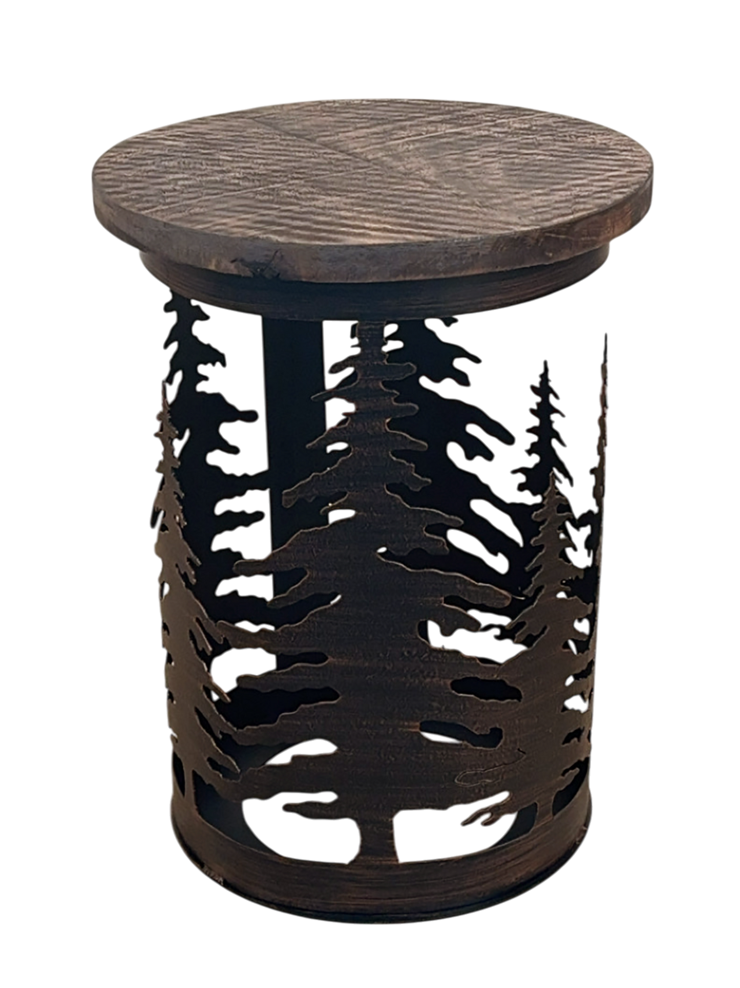 BURNT SIENNA IRON CYLINDER END TABLE WITH FEATHER TREE ACCENT AND ROUGH SAWN TOP