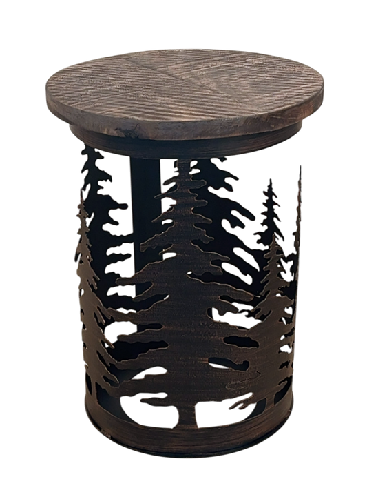 BURNT SIENNA IRON CYLINDER END TABLE WITH FEATHER TREE ACCENT AND ROUGH SAWN TOP