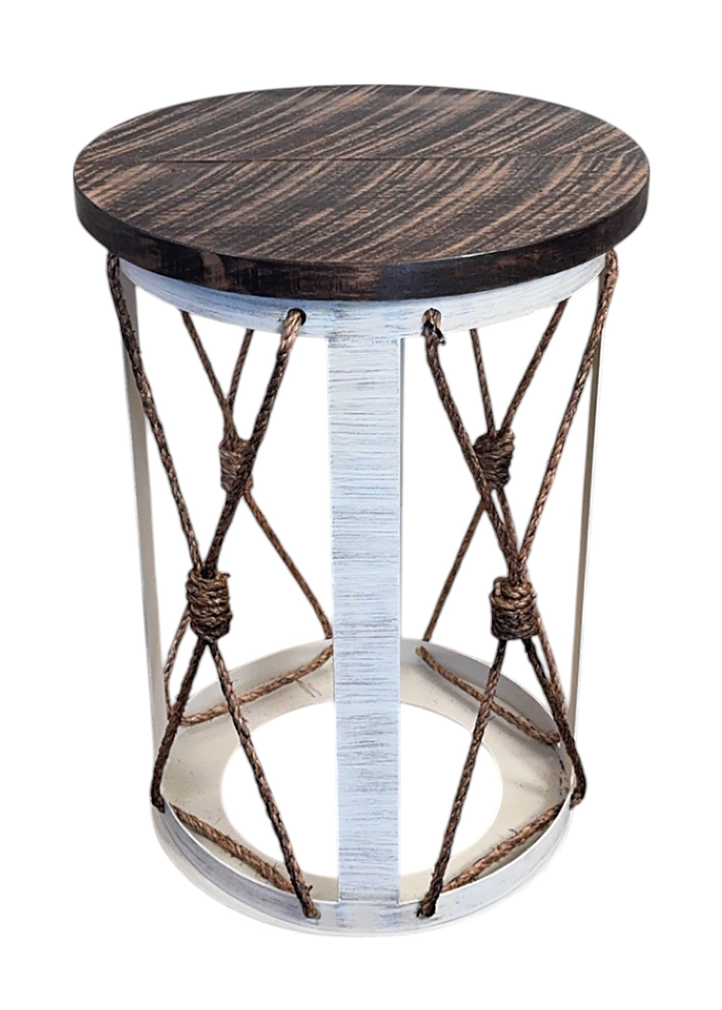 Cottage/Rough Stain Iron Cylinder End Table with Knotted Rope Accent