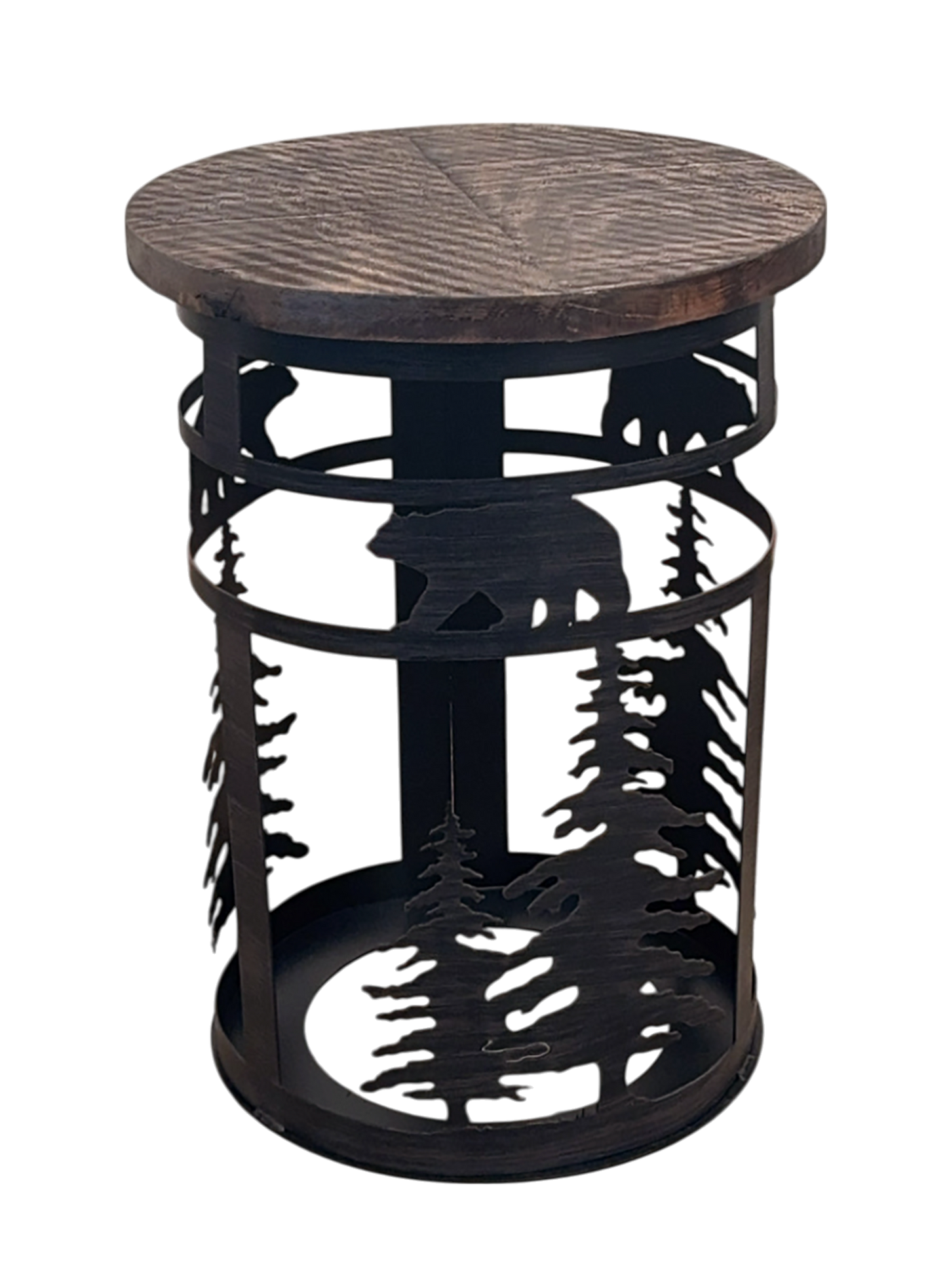 KODIAK IRON CYLINDER END TABLE WITH BEAR AND TREE ACCENT AND ROUGH SAWN TOP