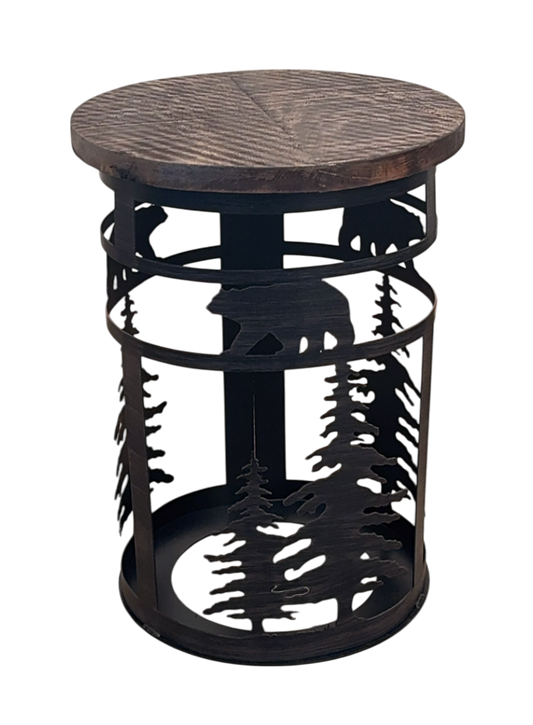 KODIAK IRON CYLINDER END TABLE WITH BEAR AND TREE ACCENT AND ROUGH SAWN TOP