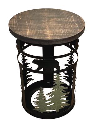 RUGGED PINE IRON CYLINDER END TABLE WITH BEAR AND TREE ACCENT AND ROUGH SAWN TOP