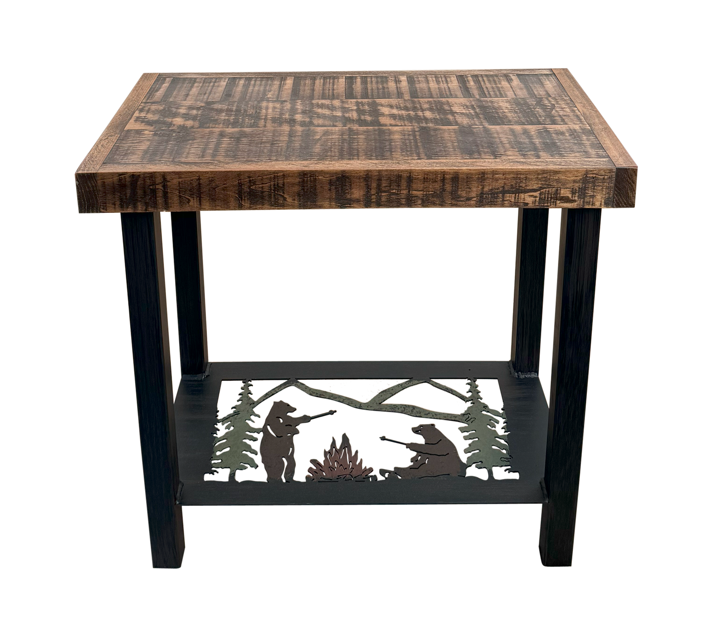 Rugged Pine/Rough Sawn  Bears Roasting Marshmallow End Table