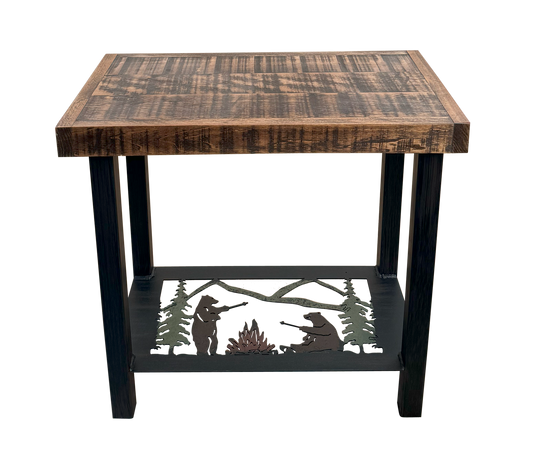 Rugged Pine/Rough Sawn  Bears Roasting Marshmallow End Table