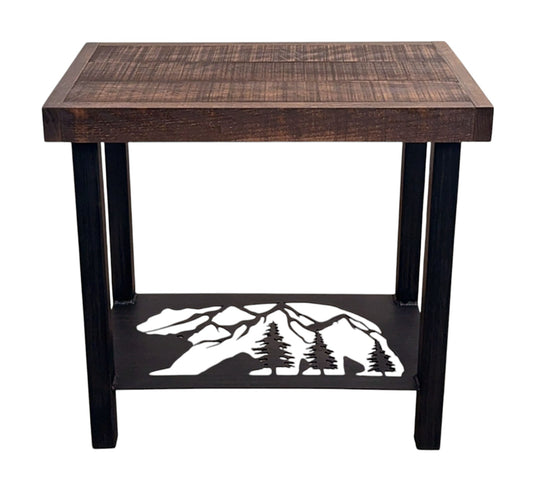 Kodiak/Rough Stain Bear with Trees/Mountains Iron End Table