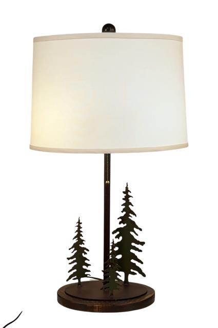 Rugged Pine Iron 3 Tree Lamp w/ Rough Sawn Base and 2 Bulb Socket