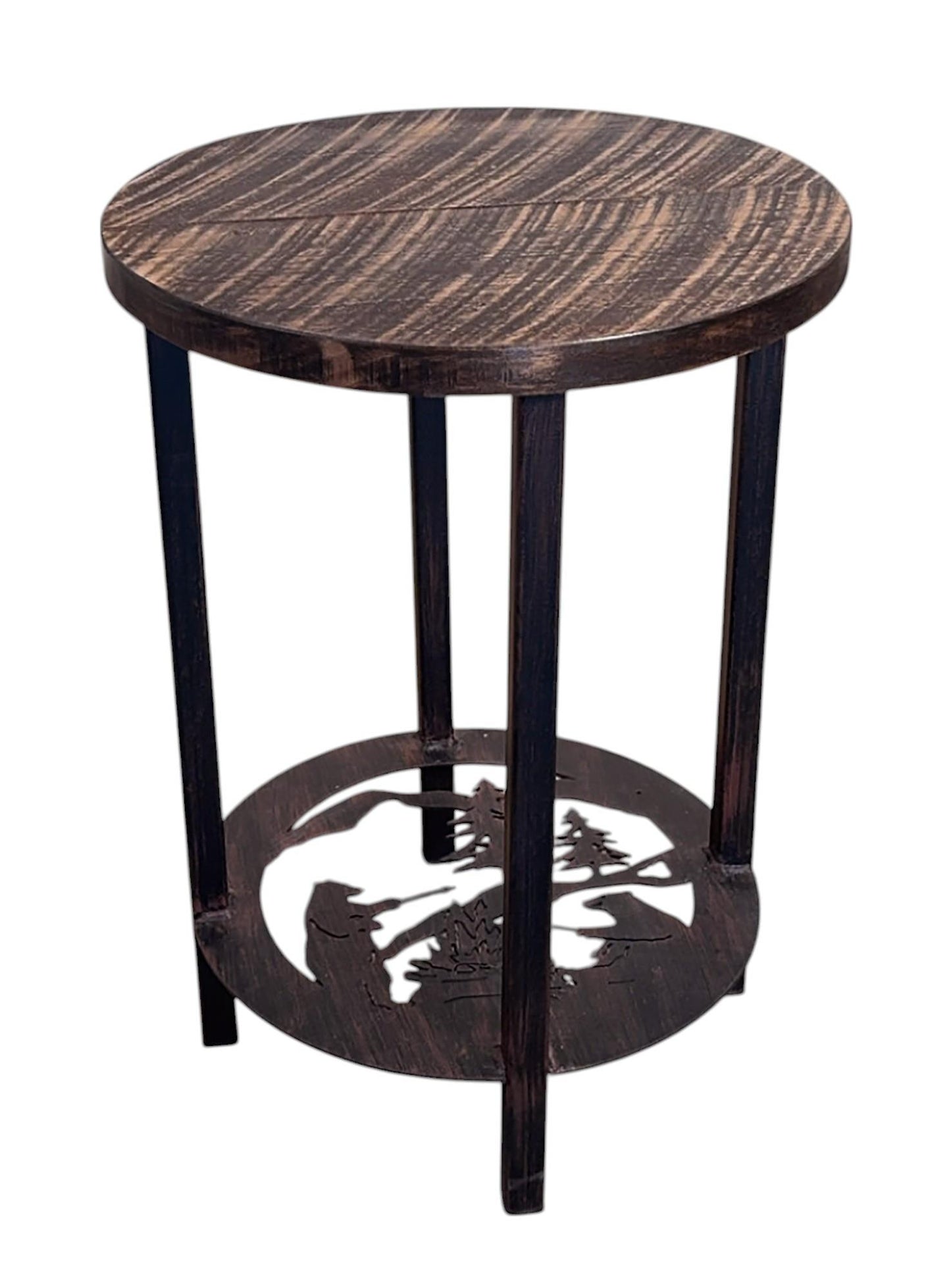 Burnt Sienna/Rough Stain Round Iron/Wood End Table with Marshmallow Bear Scene  and Rough Sawn Top
