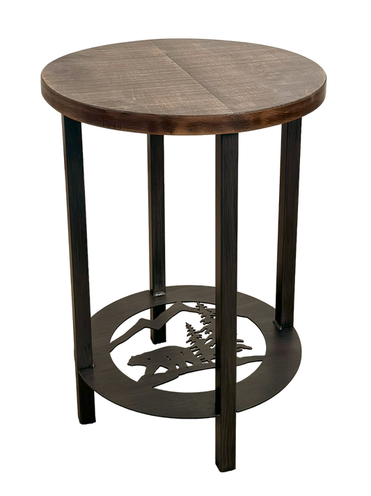 Kodiak Round Iron/Rough Sawn Wood End Table with Bear Scene
