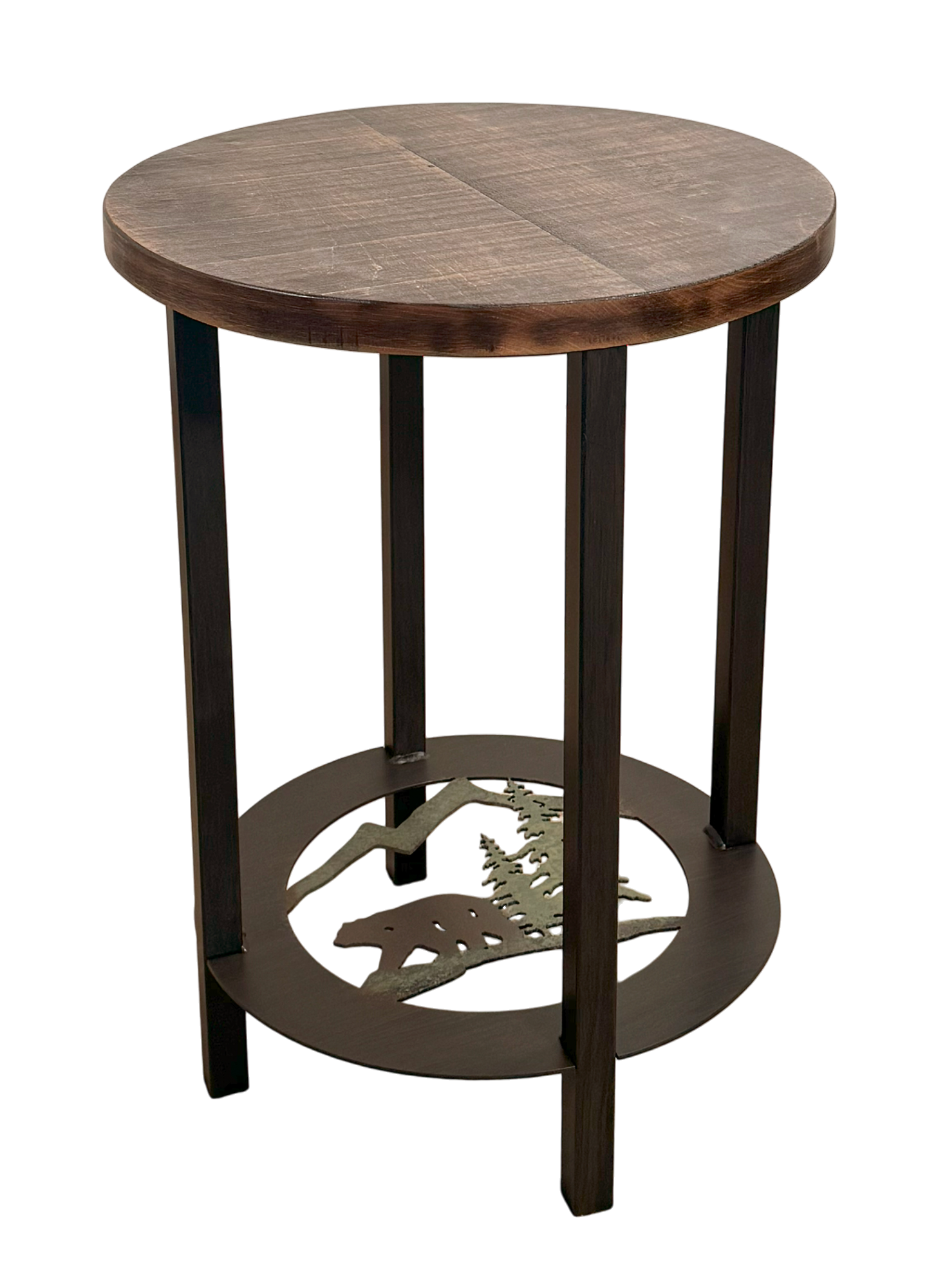 Rugged pine Round Iron/Rough Sawn Wood End Table with Bear Scene