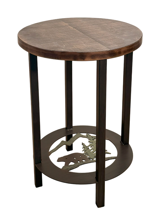 Rugged pine Round Iron/Rough Sawn Wood End Table with Bear Scene