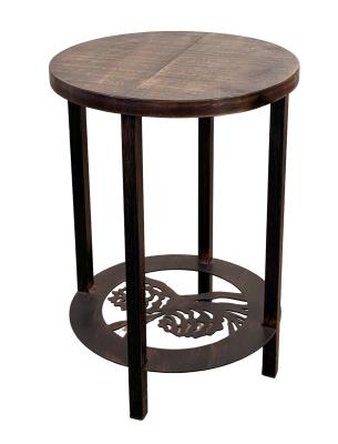Burnt Sienna Round End Table with Pine Cone Accent and Rough Sawn Top