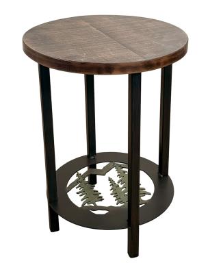 RUGGED PINE ROUND END TABLE WITH TREE SCENE AND ROUGH SAWN TOP