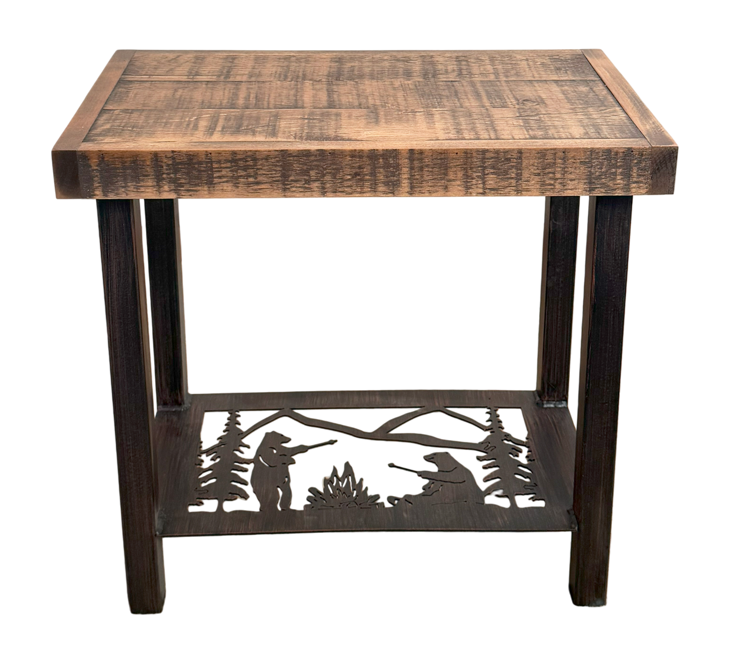 Burnt Sienna/Rough Sawn  Bears Roasting Marshmallow Rectangle Side Table