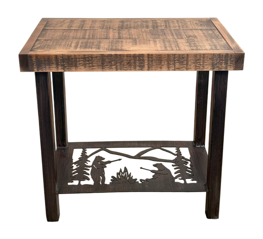 Burnt Sienna/Rough Sawn  Bears Roasting Marshmallow Rectangle Side Table
