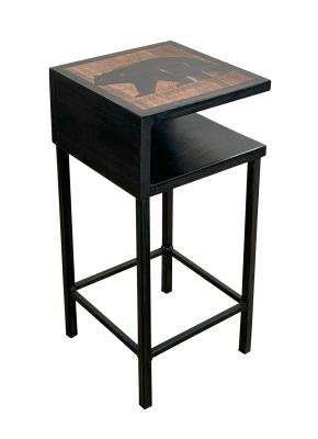 KODIAK/STAIN WOODEN DRINK TABLE WITH IRON BASE AND SHELF- ETCHED BEAR TOP