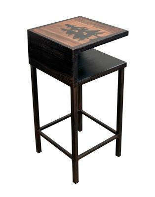 BURNT SIENNA/STAIN WOODEN DRINK TABLE WITH IRON BASE AND SHELF- ETCHED TREE TOP - 23"