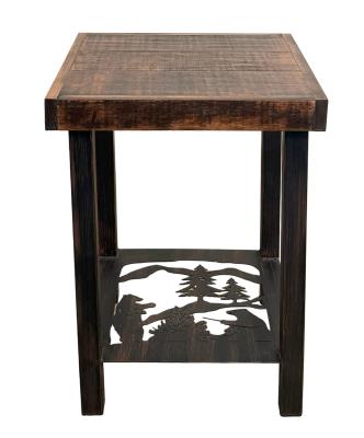 Burnt Sienna/Rough Sawn Square Iron End Table with Bears Roasting Marshmallows Scene Accent and Wood Top - 23"