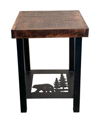 Kodiak/Rough Sawn Square Iron End Table with Bear Scene Accent and Wood Top-23"