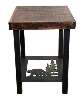 Rugged Pine/Rough Sawn Square Iron End Table with Bear Scene Accent and Wood Top