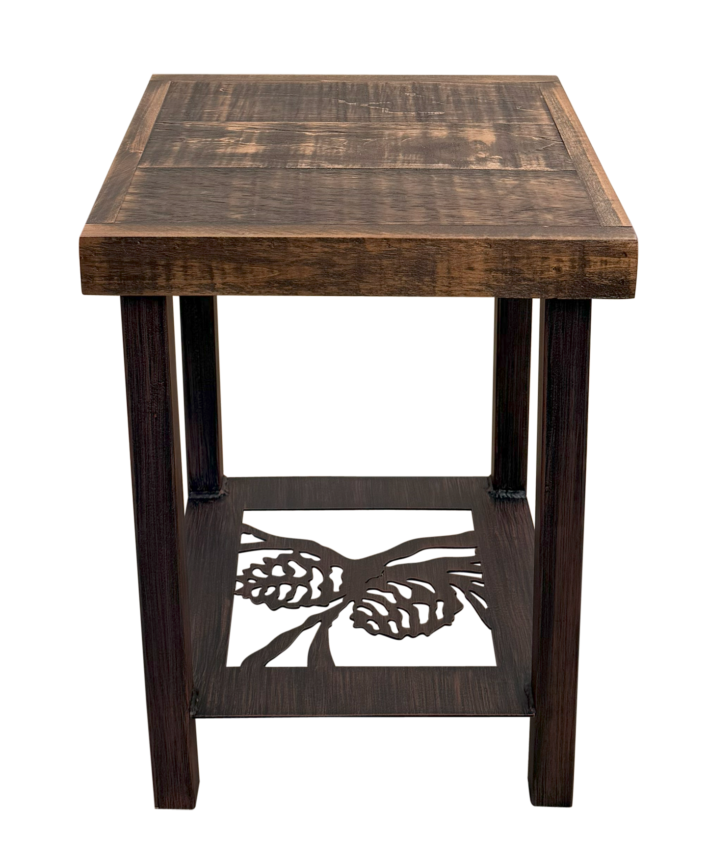 SQUARE IRON END TABLE WITH PINE CONE ACCENT AND ROUGH SAWN TOP