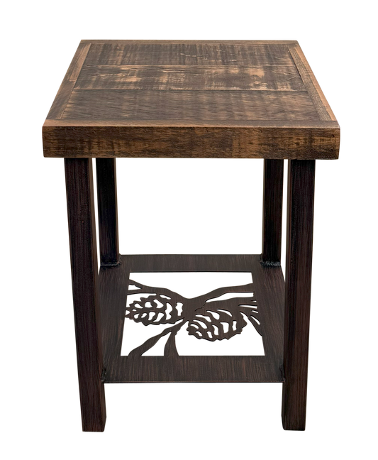 SQUARE IRON END TABLE WITH PINE CONE ACCENT AND ROUGH SAWN TOP