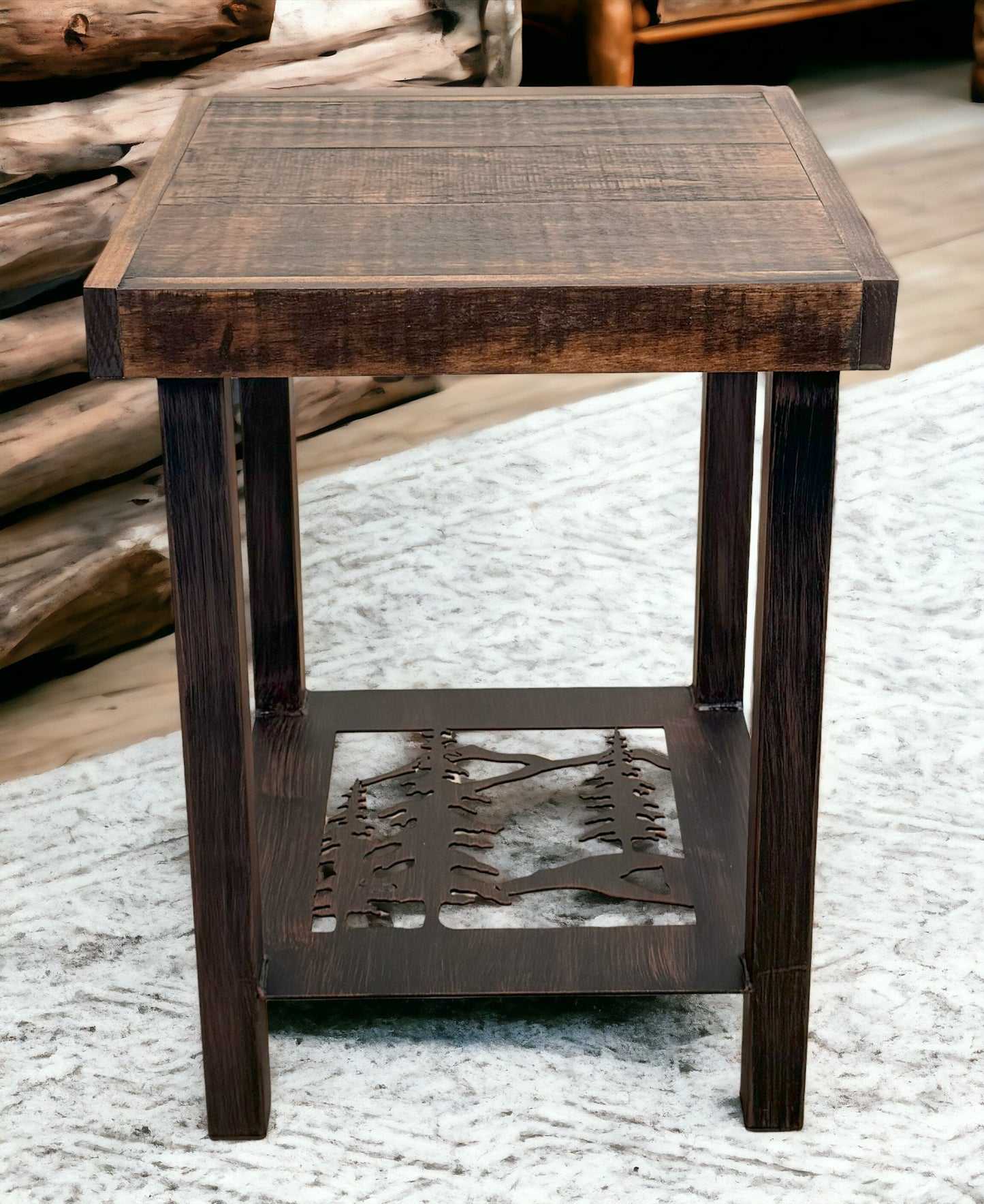 Burnt Sienna/Rough Sawn Square Iron End Table with Tree Scene Accent -23