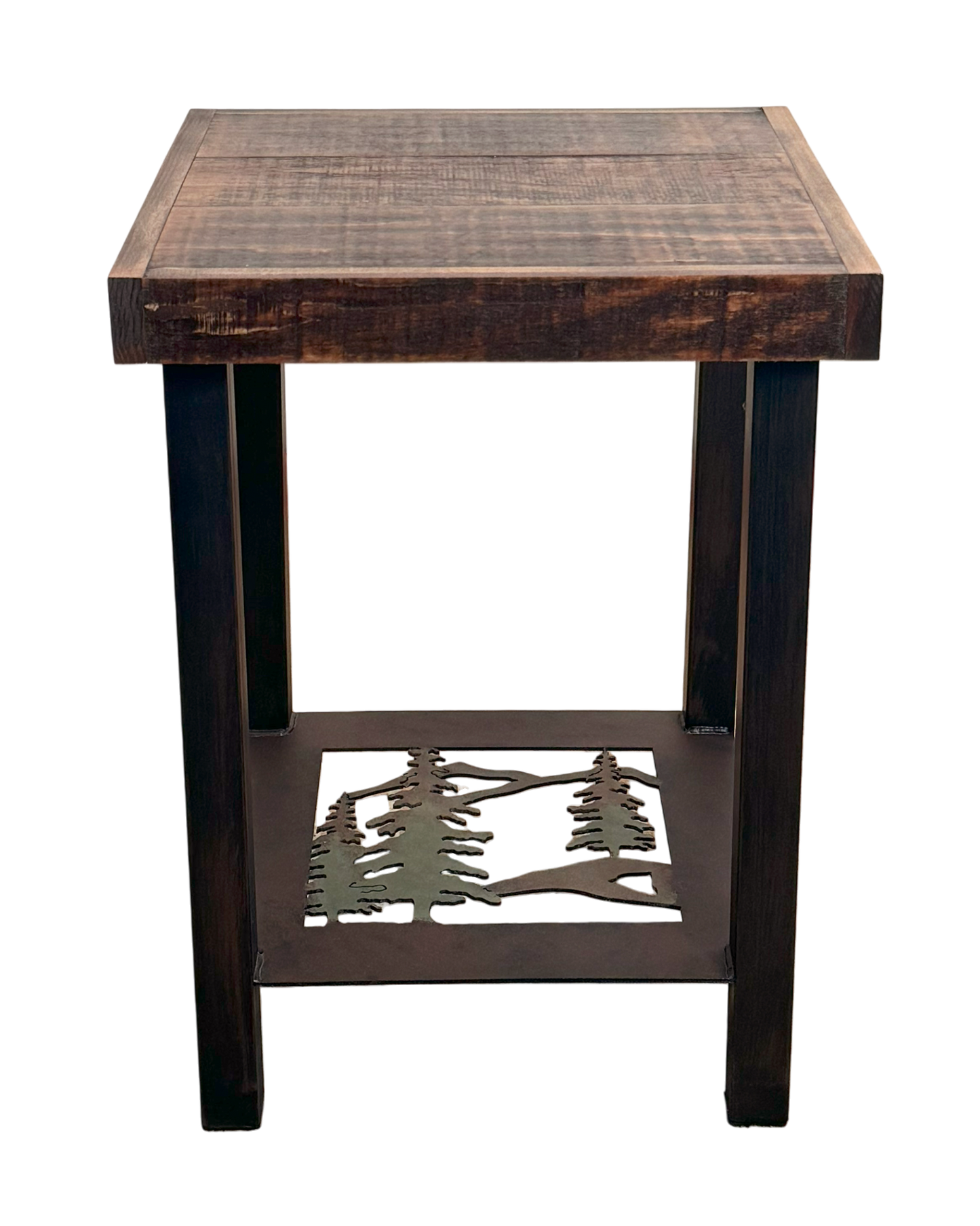 Rugged Pine/Stain Square Iron End Table with Tree Scene Accent and Rough Sawn Top