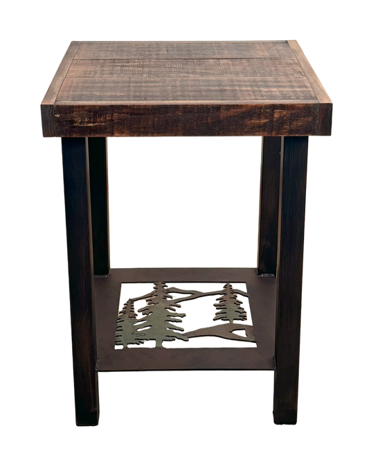Rugged Pine/Stain Square Iron End Table with Tree Scene Accent and Rough Sawn Top
