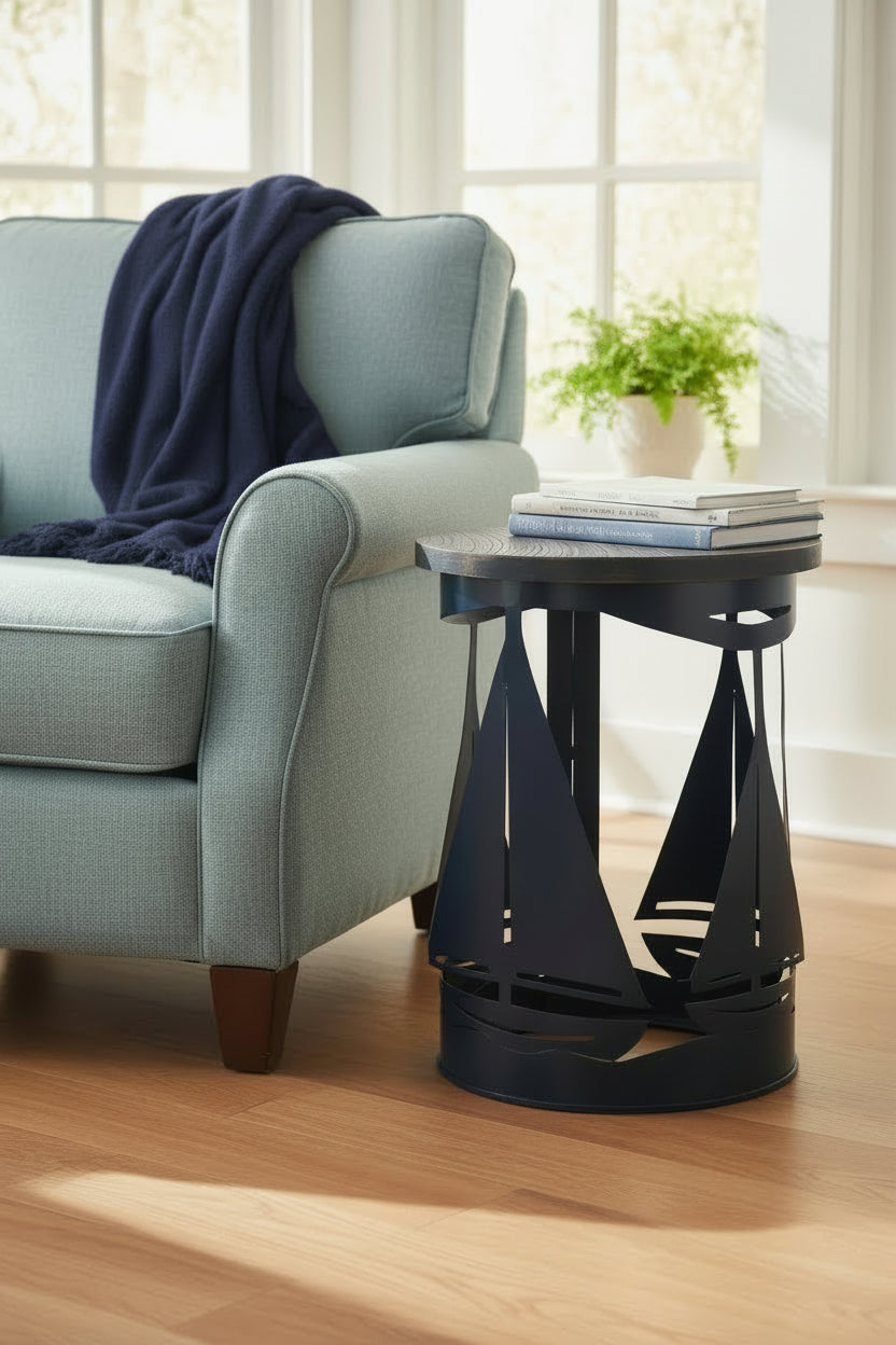 Navy/Rough Stain Cylinder Sailboat End Table