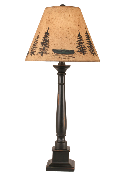 Distressed Black Square Candlestick Table Lamp w/ Canoe Scene Shade - Coast Lamp Shop