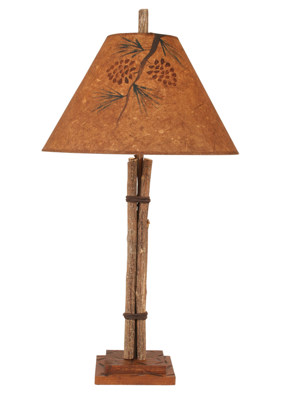 Twig and Leather Table Lamp w/ Pine Branch Shade - Coast Lamp Shop