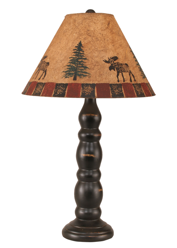 Distressed Black Sectioned Candlestick Table Lamp w/ Moose and Trees Shade - Coast Lamp Shop