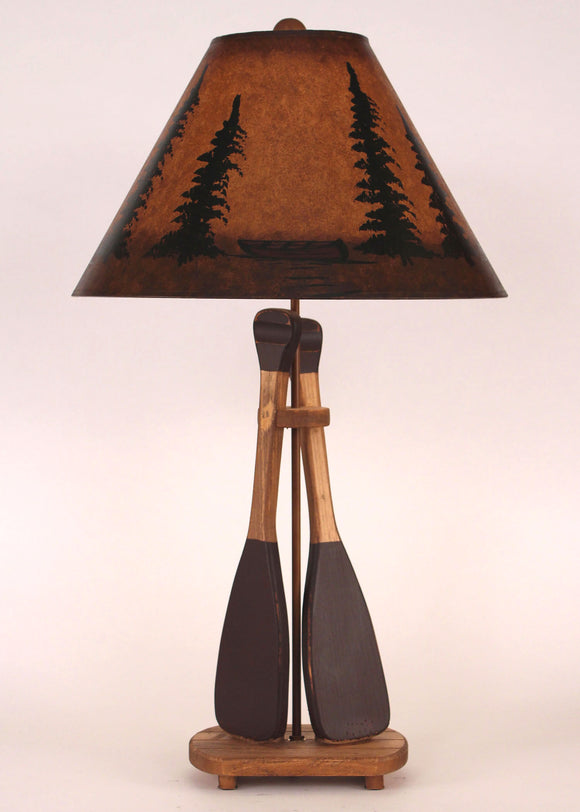 Stain/Red 2 Paddle Table Lamp w/ Canoe and Trees Shade - Coast Lamp Shop