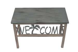 24" Cottage/Atlantic Grey Welcome Bench w/ Palm Tree Accent - Coast Lamp Shop