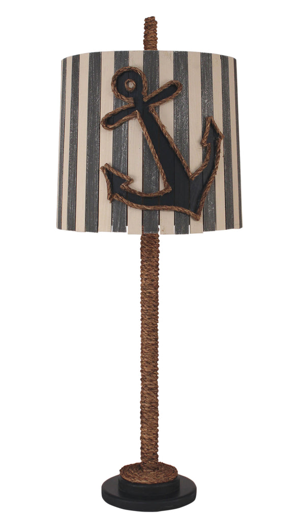 Solid Navy Manila Rope Table Lamp w/ Striped Anchor Shade - Coast Lamp Shop