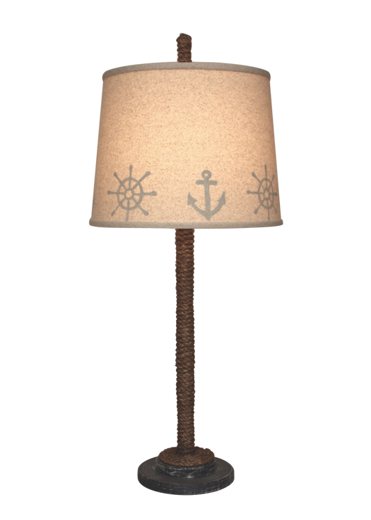 Weathered Navy Manila Rope w/Painted Base Table Lamp- Anchor/Wheel Shade - Coast Lamp Shop