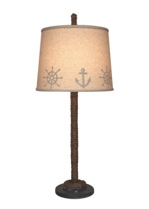 Weathered Navy Manila Rope w/Painted Base Table Lamp- Anchor/Wheel Shade - Coast Lamp Shop