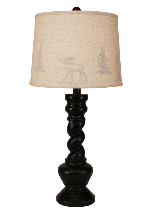 Distressed Black "B" Pot with Twist- Moose and Tree Silhouette Shade - Coast Lamp Shop