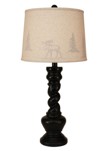Distressed Black "B" Pot with Twist- Moose and Tree Silhouette Shade - Coast Lamp Shop