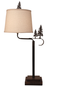 Dark Bronze Iron Swing Arm Table Lamp with Wooden Base- Pine Tree Accent - Coast Lamp Shop
