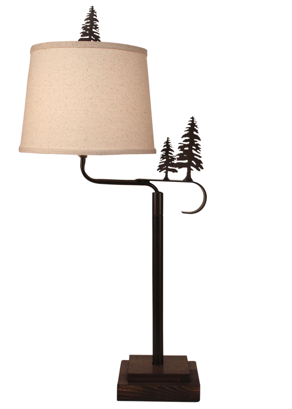 Dark Bronze Iron Swing Arm Table Lamp with Wooden Base- Pine Tree Accent - Coast Lamp Shop