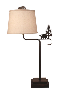 Dark Bronze Iron Swing Arm Table Lamp with Wooden Base- Bear and Pine Tree Accent - Coast Lamp Shop