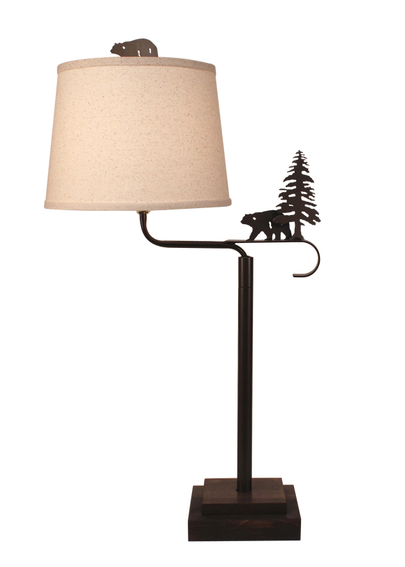 Dark Bronze Iron Swing Arm Table Lamp with Wooden Base- Bear and Pine Tree Accent - Coast Lamp Shop