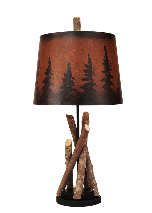 Black Stick Accent Lamp with Round Wooden Base- Pine Tree Grove Shade - Coast Lamp Shop