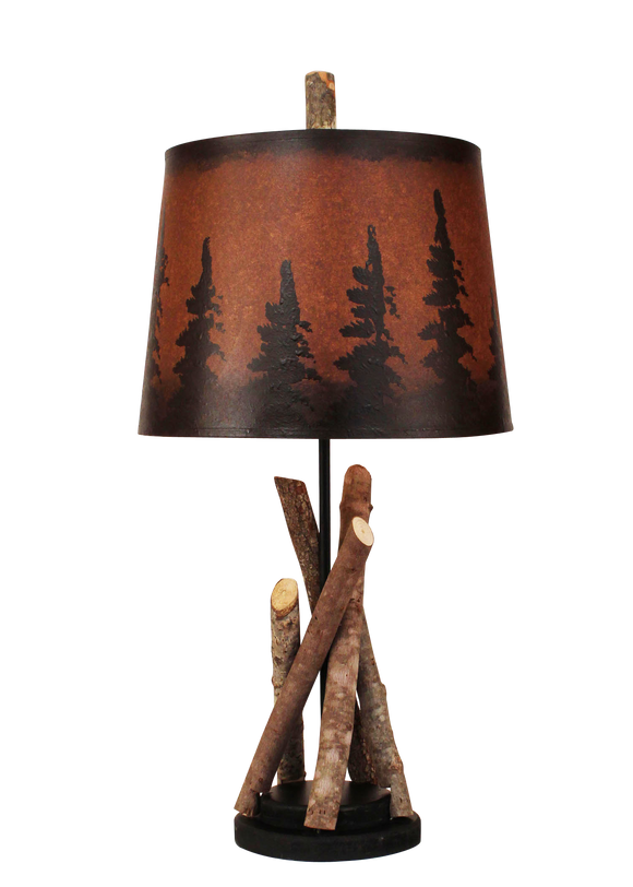 Black Stick Accent Lamp with Round Wooden Base- Pine Tree Grove Shade - Coast Lamp Shop
