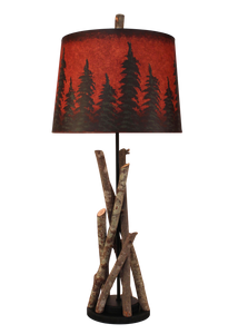 Black Stick Table Lamp with Round Wooden Base- Red Pine Tree Grove Shade - Coast Lamp Shop