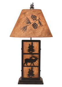 Kodiak Elk and Tree Iron/Wood Table Lamp- Pine Tree Shade - Coast Lamp Shop